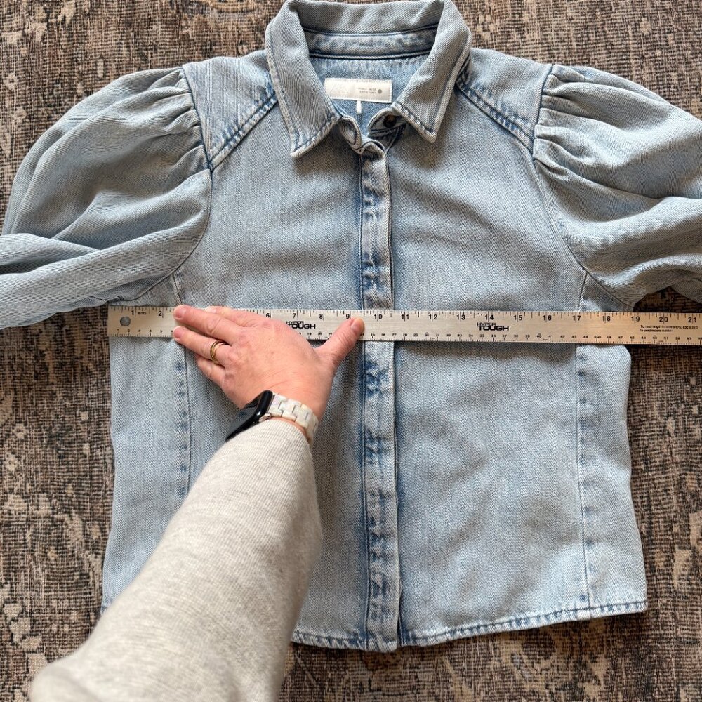 Zara denim puff sleeve button up shirt • size large - Picture 3 of 8